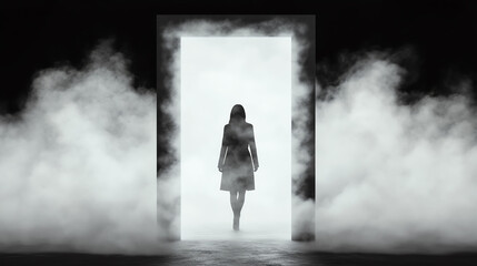 A mysterious figure stands in a foggy doorway, symbolizing transition and uncertainty, evoking deep emotional reflections.