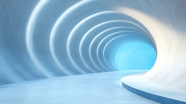 A modern, abstract tunnel with smooth curves and soft lighting, creating a calming and futuristic atmosphere.