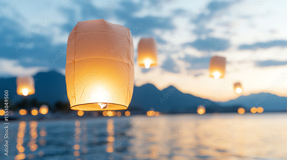 Poster a serene evening as lanterns illuminate the water, creating a magical atmosphere perfect for relaxat
