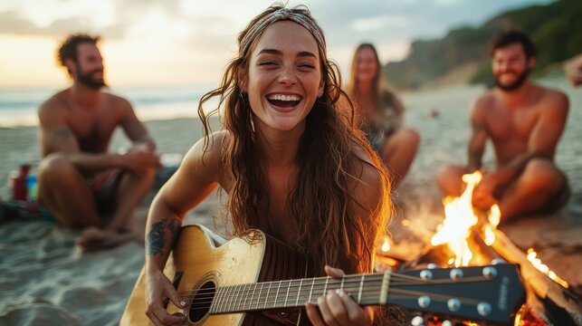 A happy woman plays guitar and sings by a warm campfire on the beach, surrounded by friends who are enjoying a beautiful sunset and good company along the shore.