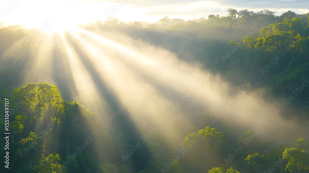 Poster a serene landscape showcasing rays of sunlight piercing through lush trees, creating a tranquil and 