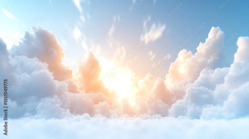 Poster a serene sky filled with fluffy clouds illuminated by the warm glow of the rising sun, capturing the