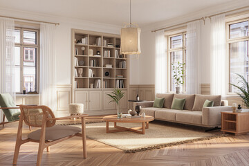 A stylish living room interior featuring modern designer furniture, wall paneling and elegant accessories, rendered in 3D	