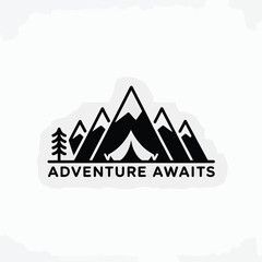 Black and White Mountain Range Silhouette Graphic with Camping Tent and Tree Adventure Awaits Text
