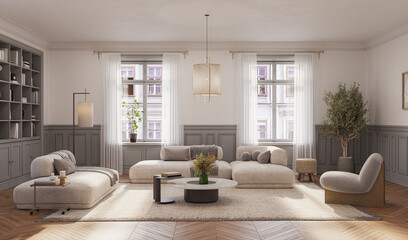 A stylish living room interior featuring modern designer furniture, wall paneling and elegant accessories, rendered in 3D	