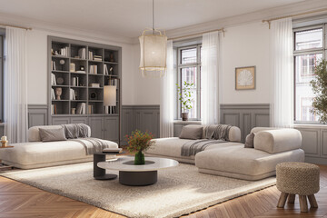 A stylish living room interior featuring modern designer furniture, wall paneling and elegant accessories, rendered in 3D	