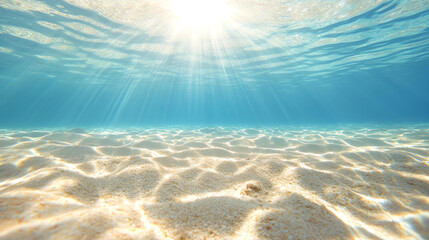 A serene underwater scene showcasing sunlight filtering through water over a sandy ocean floor, evoking tranquility.
