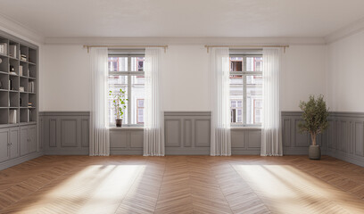 A stylish living room interior featuring modern designer furniture, wall paneling and elegant accessories, rendered in 3D	