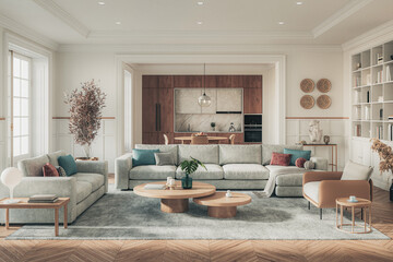 A stylish living room interior featuring modern designer furniture, wall paneling and elegant accessories, rendered in 3D	