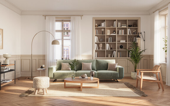 A stylish living room interior featuring modern designer furniture, wall paneling and elegant accessories, rendered in 3D	