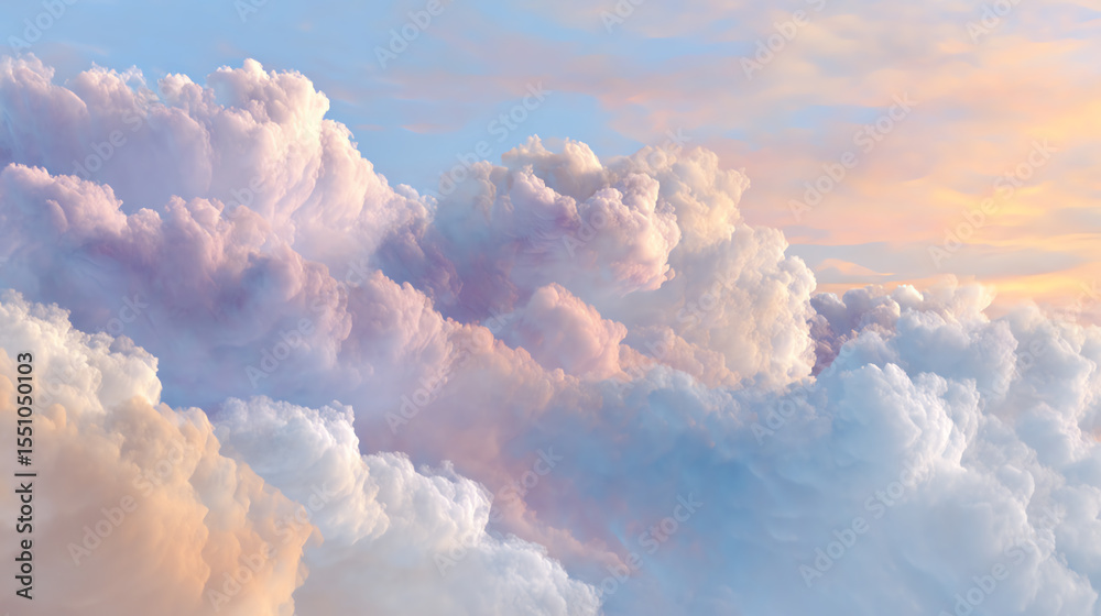 Poster A serene view of soft clouds illuminated by the warm colors of a sunset, creating a peaceful atmosphere in the sky.