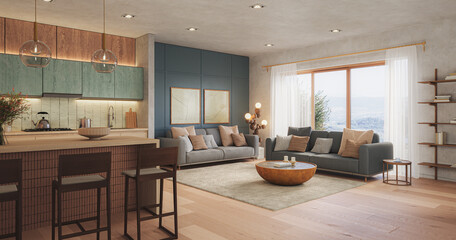 Studio room interior with lounge zone and cooking area furnished with sofa and dining table. Modern design solution, 3d rendering	