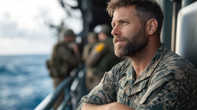 A pensive soldier stands on a military vessel, gazing thoughtfully at the ocean, encapsulating themes of duty, contemplation, and the complexities of military life.