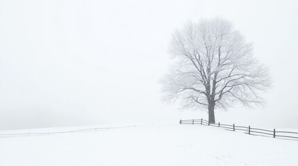 Obraz premium A solitary tree stands in a snowy landscape, surrounded by a blanket of white, creating a serene and tranquil winter scene.