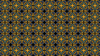 Ornate pattern with gold and teal floral designs on a black background in a repeating tile design