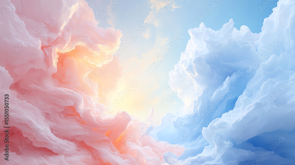 Poster a stunning blend of pastel clouds illuminated by the sun, creating a serene and tranquil sky. perfec