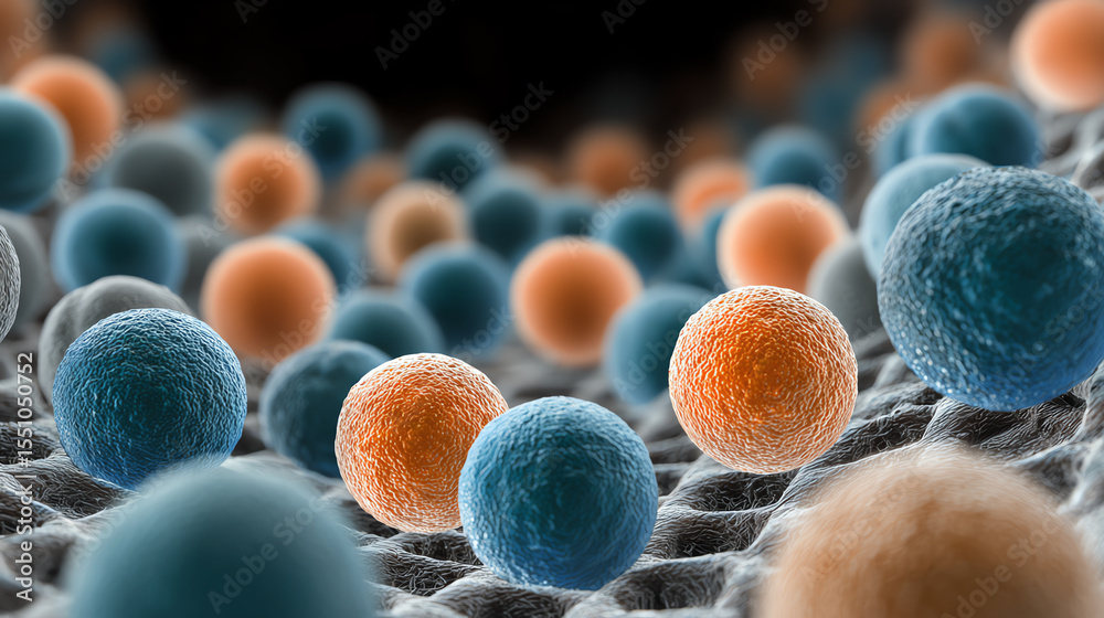 Poster a stunning close-up of colorful microscopic cells showcasing their intricate structures and vibrant 