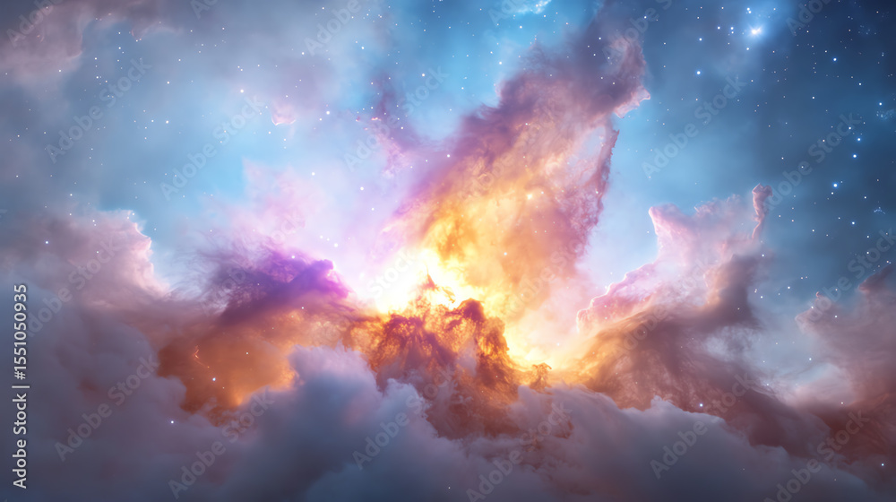 Poster a stunning cosmic scene showcasing vibrant nebula colors and ethereal cloud formations in the vast u
