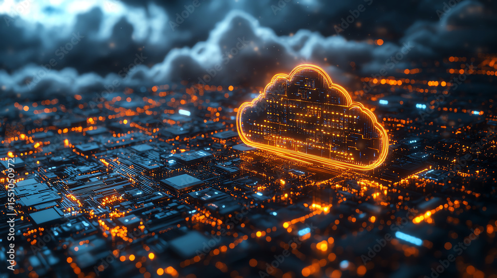 Poster a stunning digital cloud symbol representing cloud computing over a futuristic cityscape illuminated