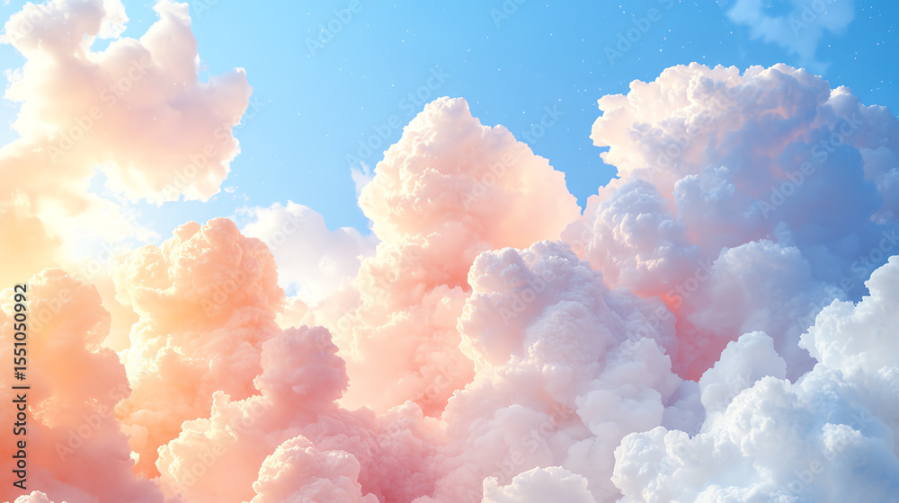 Poster A stunning display of fluffy clouds illuminated by soft sunlight, creating a serene and peaceful atmosphere in the sky.