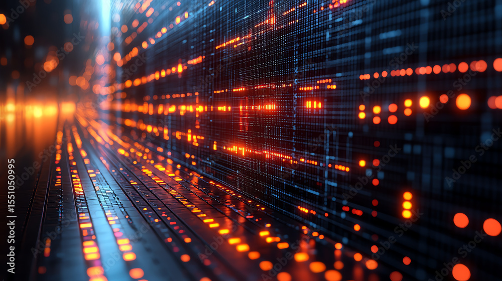 Poster A stunning digital visualization showcasing vibrant light trails representing data flow and connectivity in a futuristic network.