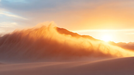 A stunning desert landscape at sunset, featuring rolling sand dunes and a warm glow from the sun, creating a serene atmosphere.