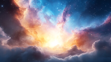 Obraz premium A stunning cosmic scene showcasing vibrant clouds illuminated by the brilliance of stars and a nebula in the vast universe.
