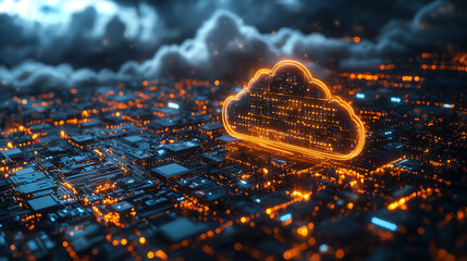 A stunning digital cloud symbol representing cloud computing over a futuristic cityscape illuminated by vibrant lights.