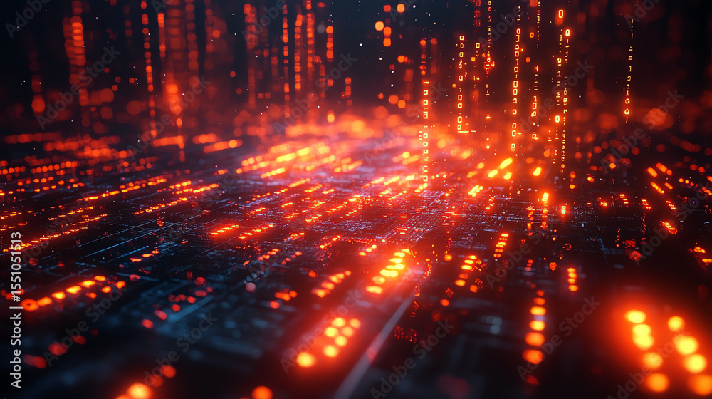 Poster A stunning visual of glowing data streams flowing through circuits, representing digital transformation and technological advancement.