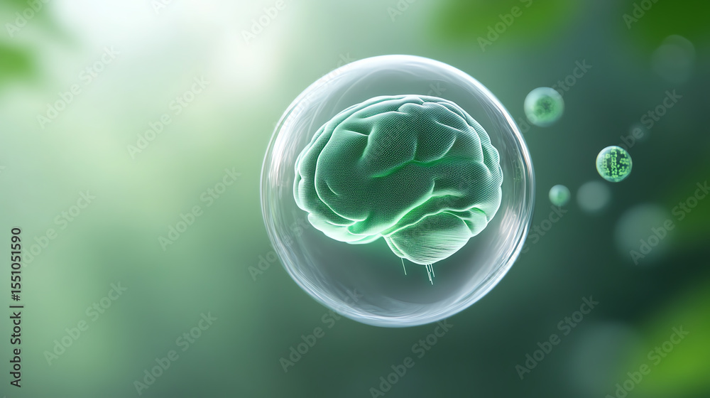 Poster A surreal representation of a brain inside a bubble, symbolizing thoughts and ideas in a tranquil environment.