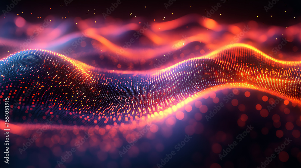 Poster a vibrant digital landscape with flowing waves of light, representing the fusion of technology and c