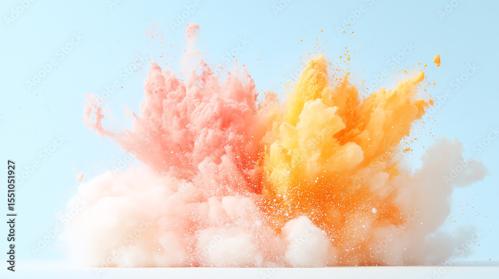 Poster a vibrant explosion of colored powder creates a stunning visual display against a soft blue backgrou