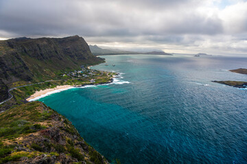 Sweeping coastal views from Makapu‘u Lookout on Oahu’s southeastern shore, featuring dramatic...