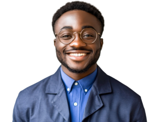 Young man with glasses smiling confidently, wearing a navy blue blazer, and a blue shirt, showcasing a friendly and approachable demeanor in a professional setting