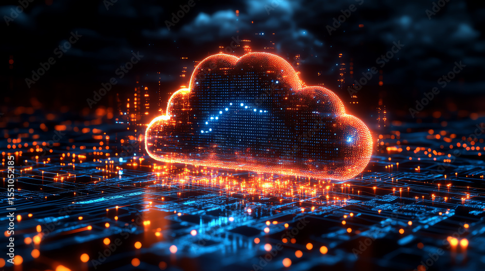 Poster a vibrant, digital cloud icon illuminated against a dark backdrop, symbolizing data storage and conn