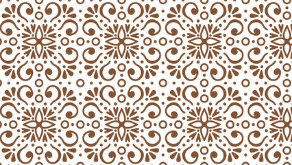 Seamless pattern with brown floral and swirl elements on a white background in a repeating design