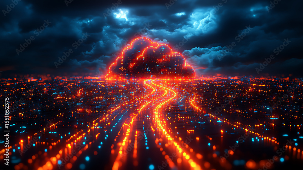 Poster a vibrant, futuristic cityscape illuminated by glowing pathways and dynamic clouds, showcasing advan
