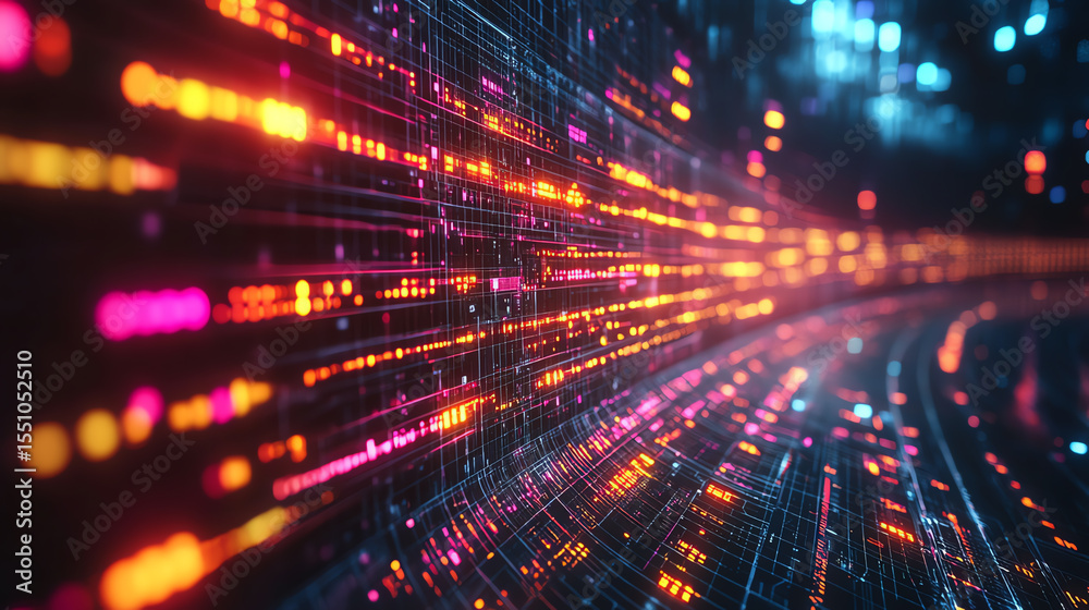 Poster Abstract data streams of vibrant colors representing digital communication and technology advancements in a modern world.