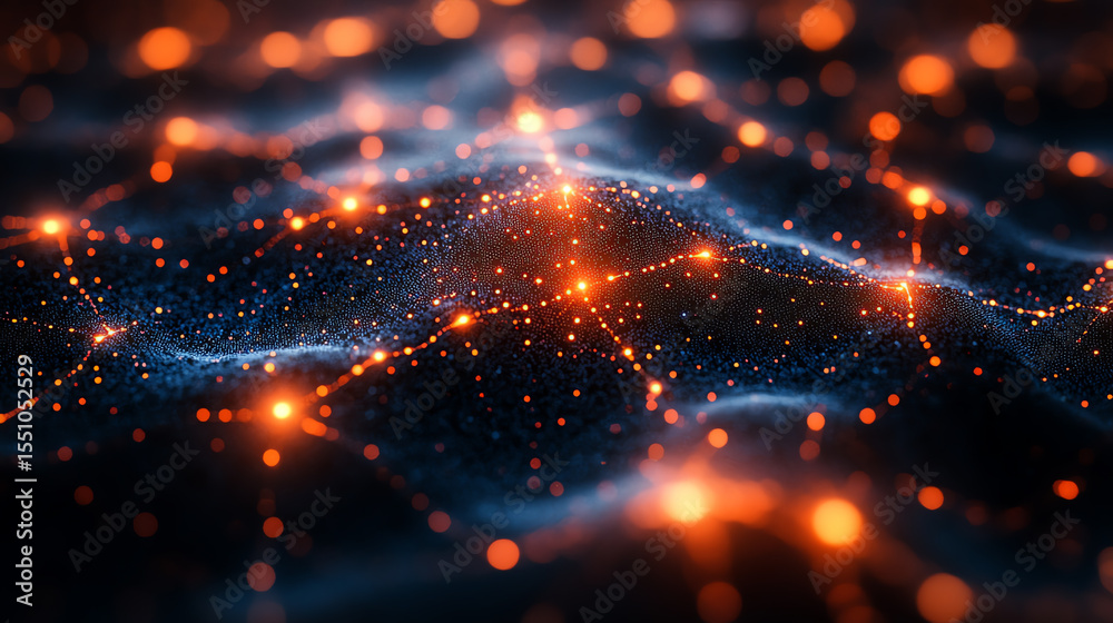 Poster Abstract digital landscape with glowing nodes and flowing lines, evokes connection, data flow, and innovation in technology design.
