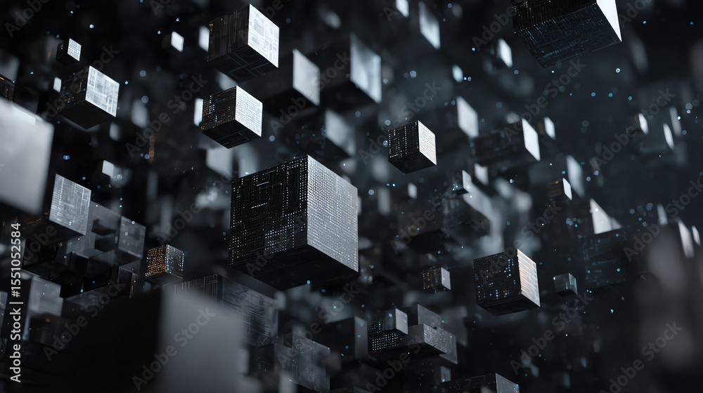 Poster Abstract futuristic background with floating 3D cubes in a digital environment, representing innovation and technology advancement.