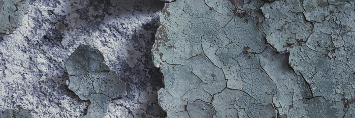 Peeling paint on the wall. Panorama of a concrete wall with old cracked flaking paint. Weathered...