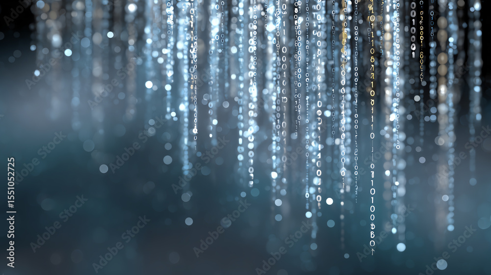 Poster Abstract representation of flowing digital data, showcasing shimmering lights and cascading patterns in a futuristic setting.