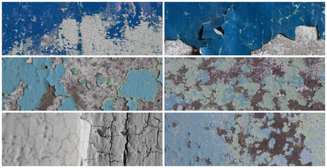 Set of peeling paint textures. Old concrete walls with cracked flaking paint. Weathered rough painted surfaces with patterns of cracks and peeling. Collection of panoramic backgrounds for design.