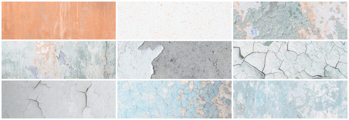 Set of panoramic background textures. Collection of wide textures with peeling paint, cracks, rust, stone and concrete walls. Faded rough surfaces of old walls. Bundle of light backgrounds for design.