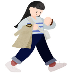 女性が腕時計を見ながら歩いているデフォルメカラーイラスト