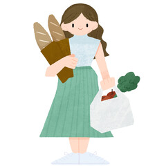 女性がパンと買い物袋を持っているデフォルメカラーイラスト