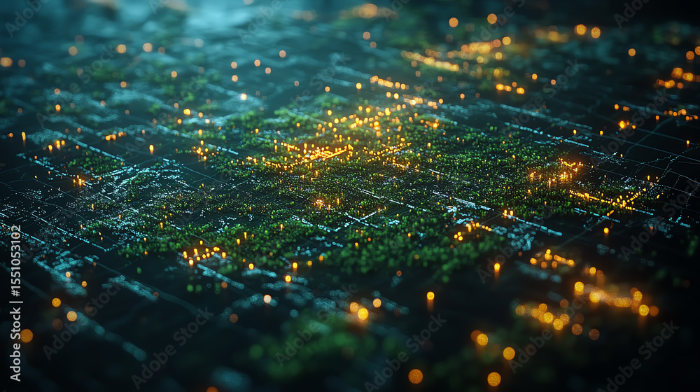 Aufkleber An abstract digital landscape featuring vibrant networks of lights and patterns that represent technological innovation.