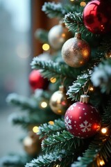 A shimmering silver garland with sparkling ornaments and artificial snow , celebration, season, artificial snow