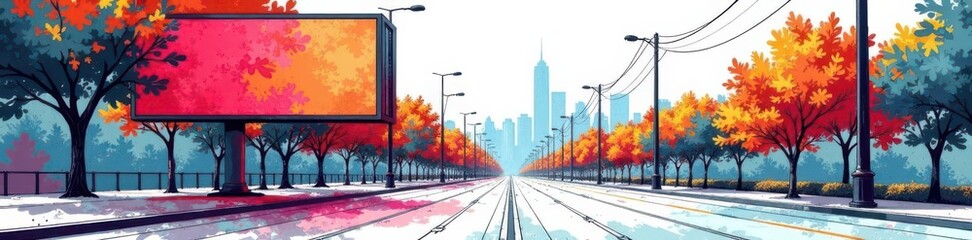 Black & white city sketch, roadside billboard graphic , urban, architecture