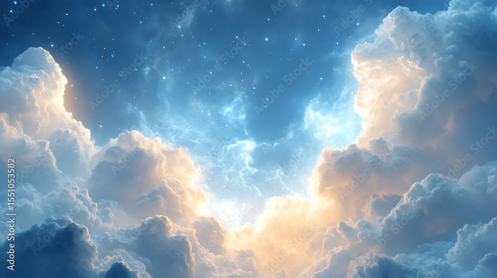 Poster breathtaking clouds illuminated by sunlight, showcasing a serene and ethereal sky with hints of blue
